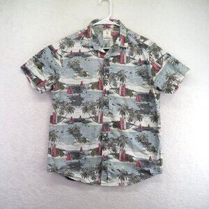 Denim &‎ Flower Shirt Mens Medium Hawaiian Slim Fit Palm Trees Surfboards Summer